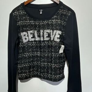 Seventeen Women's Black White Tweed Front Long Sleeve Pullover Sweater Medium